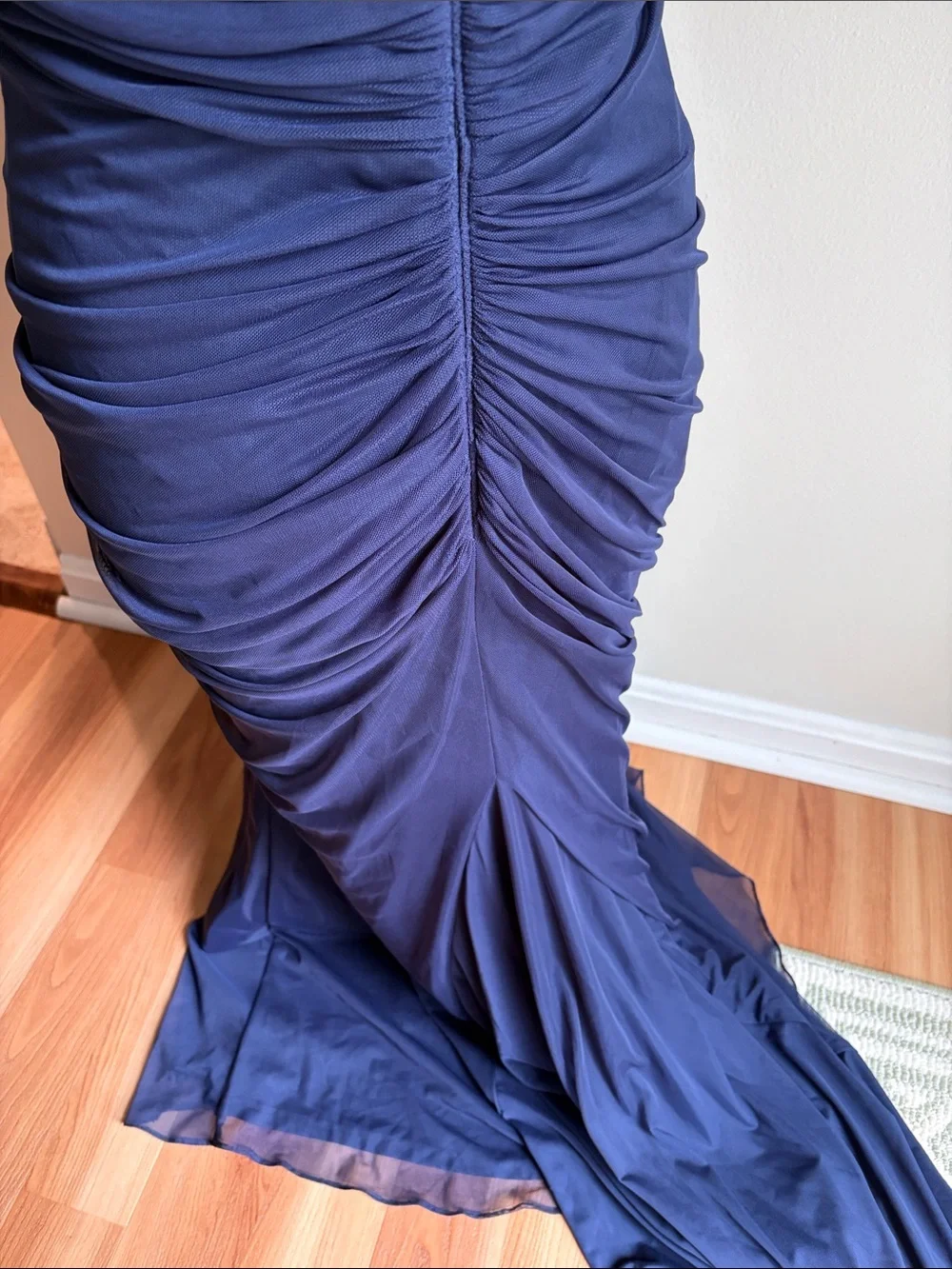 Tadashi Shoji navy blue draped mesh evening gown fitted